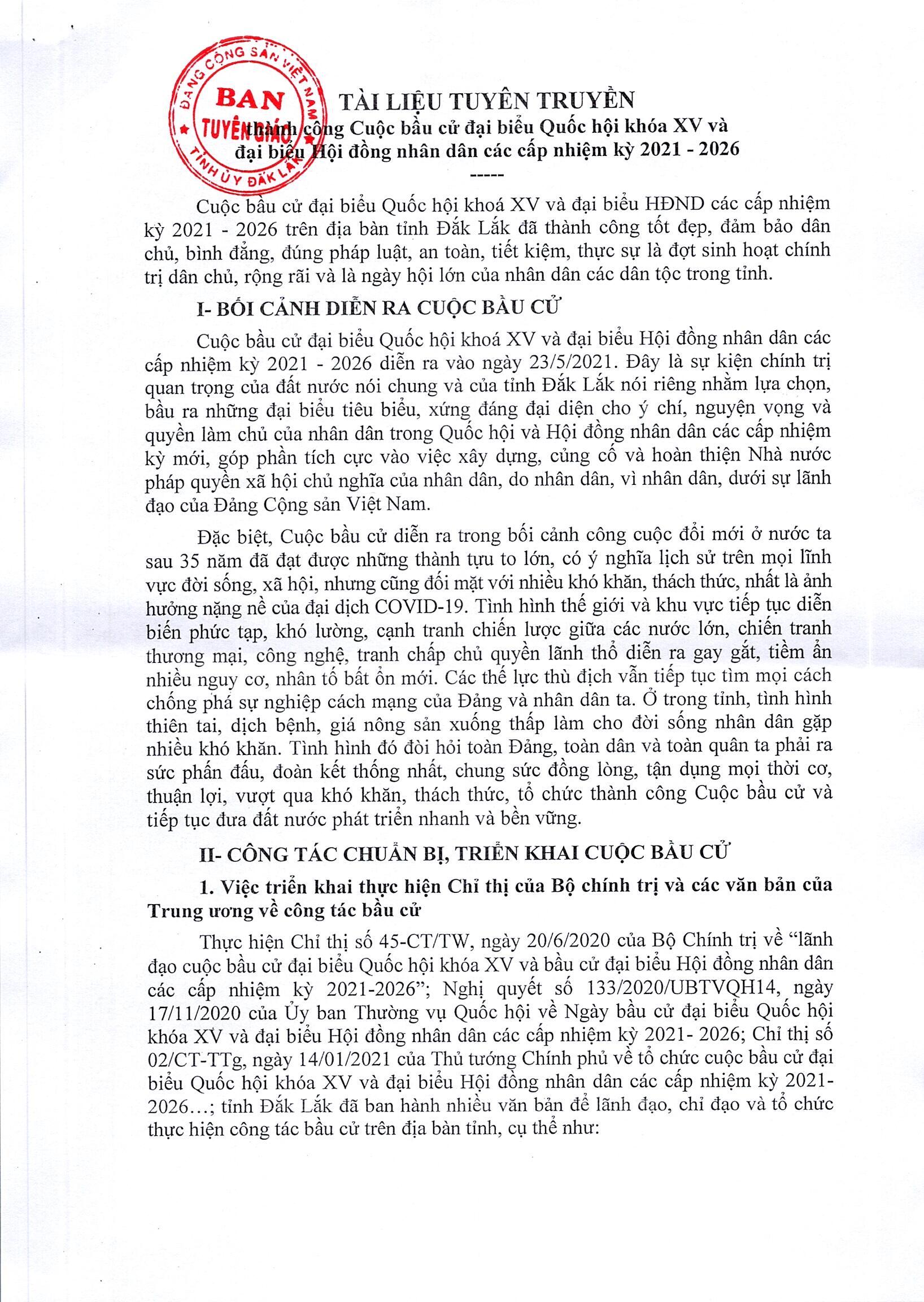 Tài liệu tuyền truyền thành công Cuộc bầu cử Đại biểu quốc hội khóa XV và Đại biểu hội đồng nhân dân các cấp nhiệm kỳ 2021-2026
